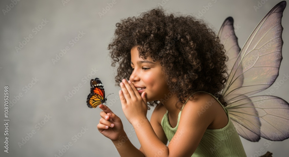 A young Hispanic fairy with thick, curly hair is perched on a branch, whispering to a colorful butterfly perched on their finger.