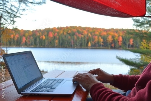 Person typing on laptop at outdoor table with lake and autumn trees in background