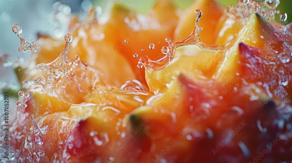 Close-up of a vibrant yellow and orange dragon fruit submerged in water, creating dynamic splashes. Close-up of a vibrant yellow and orange dragon fruit submerged in water, creating dynamic splashes.