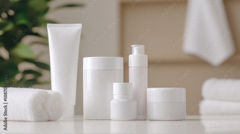Minimalist white cosmetic bottles and towels on bathroom counter with blurred green plant Minimalist white cosmetic bottles and towels on bathroom counter with blurred green plant