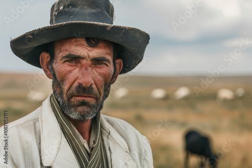 Photo of male shepherd at work in mountain pasture generative AI