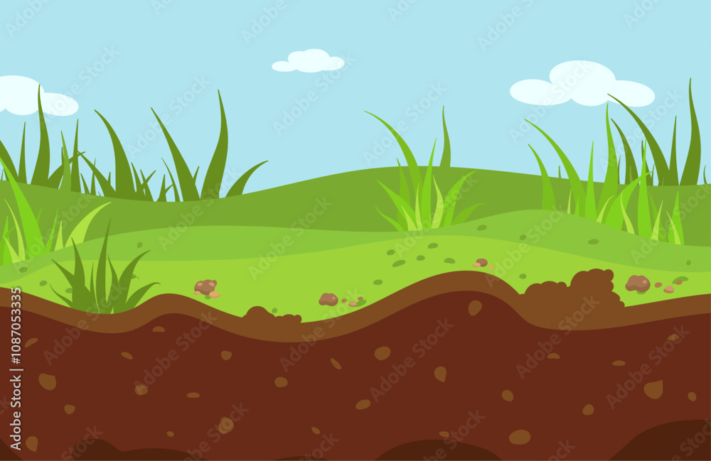 Obraz premium Green valley with grass and layers of earth or soil. Underground of meadow. Spring or summer park landscape, agriculture or planting, vector background