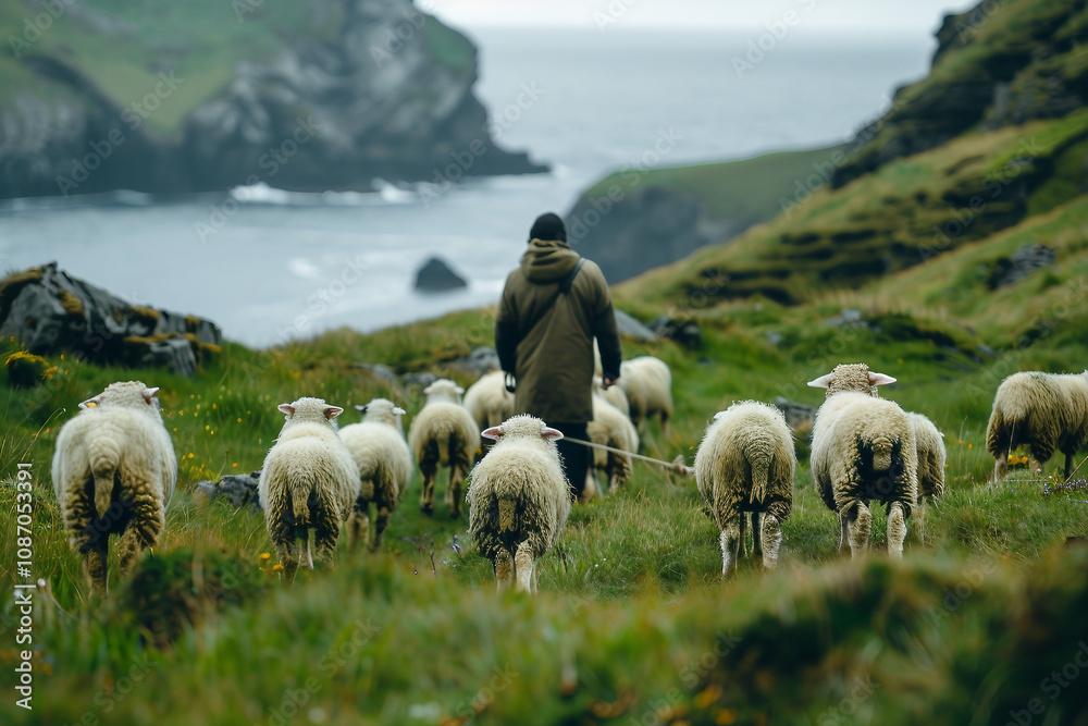 Photo of male shepherd with sheep in mountain pasture generative AI