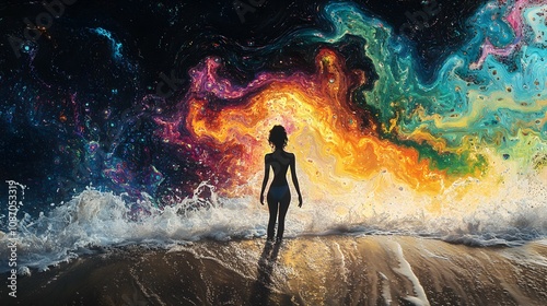 Radiant Beach Beauty: Full-Body Image of a Woman in Black Beachwear, Featuring Mandelbrot Rainbow Skin and Luminous Eyes on a Dark Canvas 