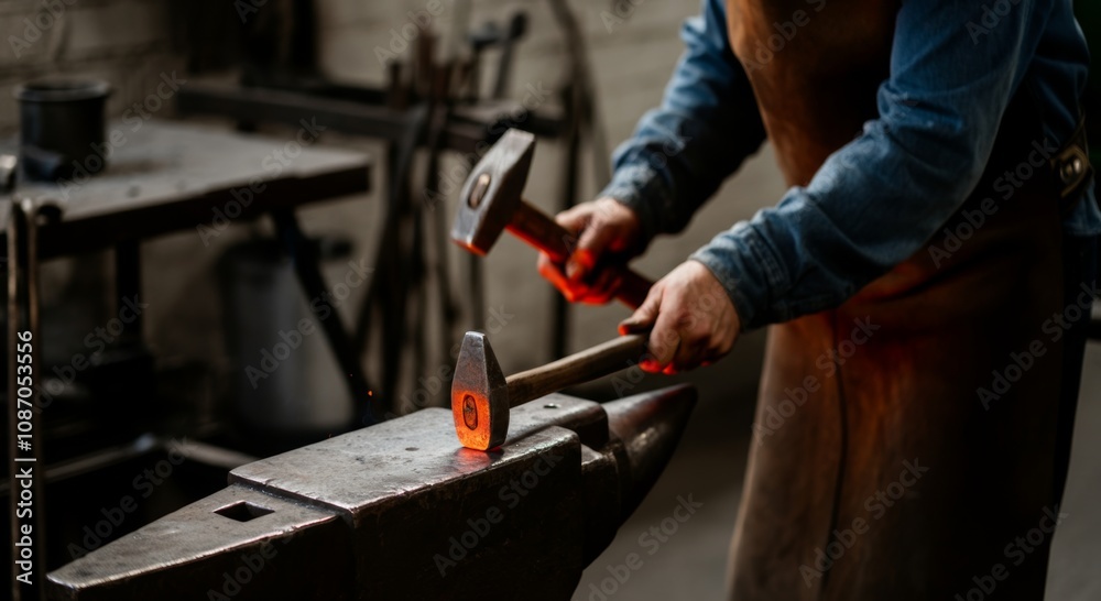 Blacksmith hammering glowing iron on anvil in workshop Blacksmith hammering glowing iron on anvil in workshop