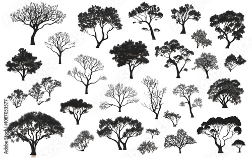 A vector collection of black tree silhouettes on a white background, showcasing a variety of tree types with intricate details