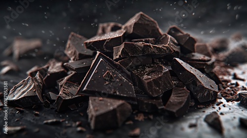 Close-up of rich, dark chocolate chunks with intricate textures, highlighting its decadent appeal. Perfect for food, dessert, or indulgent themes photo