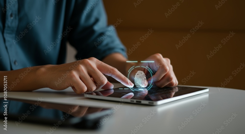 Fototapeta premium A person using a biometric scanner for access, with a glowing fingerprint scan animation on a sleek touchpad.