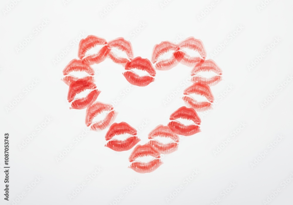 Heart shape formed by red lipstick kiss marks on white background Heart shape formed by red lipstick kiss marks on white background