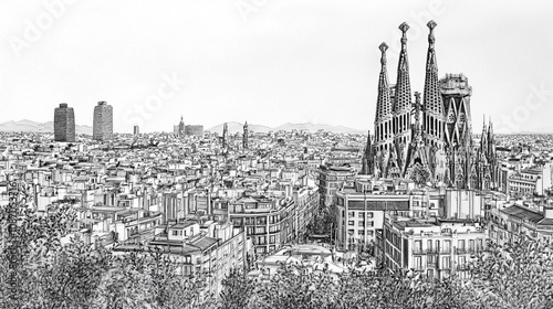Black and white sketch of a scene with stunning historical architecture of Barcelona with a view of Sagrada Familia. Top view.