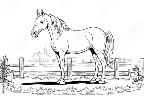 Black and white illustration of a horse in a farm. Kids coloring book page. Concept of rural farm lifestyle