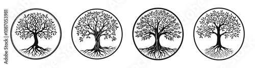 Tree emblems with roots in circular frames illustration set. Black and white designs featuring trees with intricate plant systems enclosed in round borders.