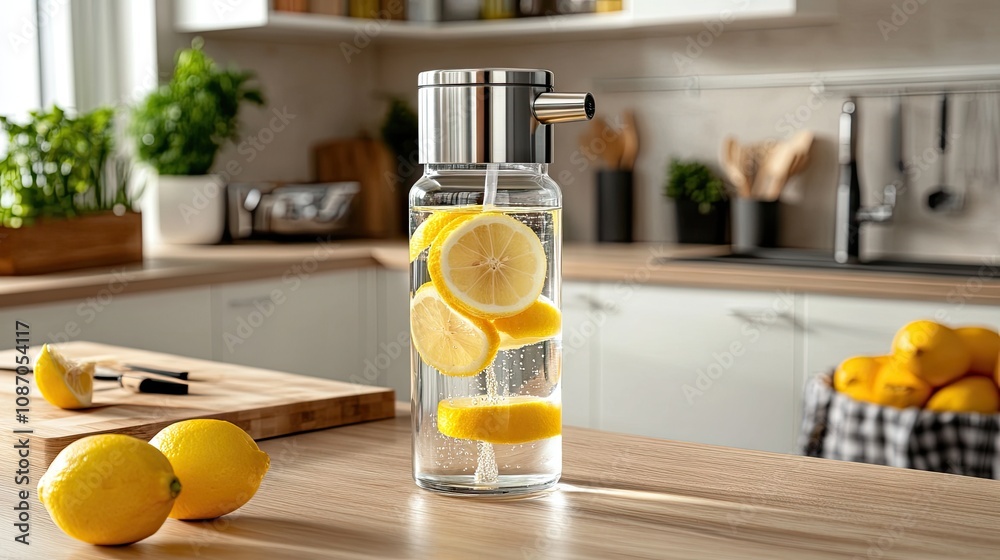 Refreshing Lemon Infused Water in a Clear Glass Pitcher on a Modern Kitchen Countertop Highlighting a Bright and Inviting Culinary Environment Refreshing Lemon Infused Water in a Clear Glass Pitcher on a Modern Kitchen Countertop Highlighting a Bright and Inviting Culinary Environment