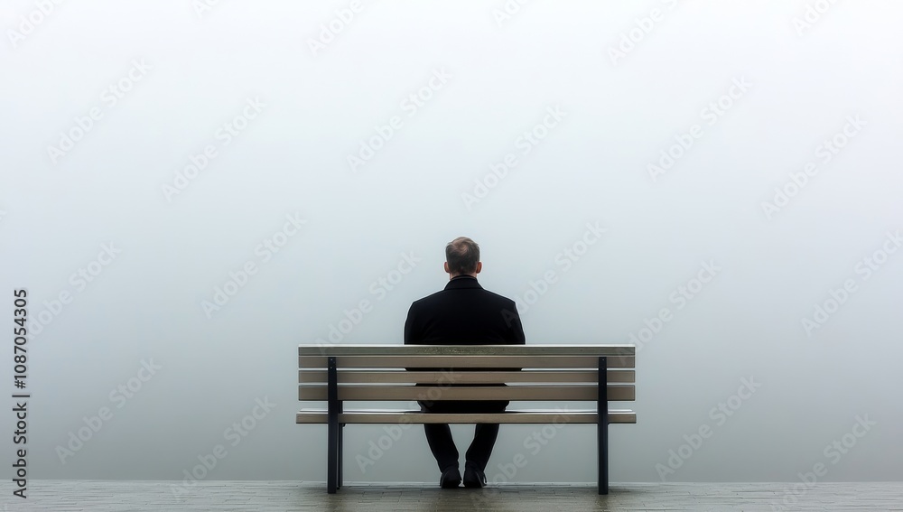Man sitting on bench wearing black hoodie and jeans, facing away Man sitting on bench wearing black hoodie and jeans, facing away