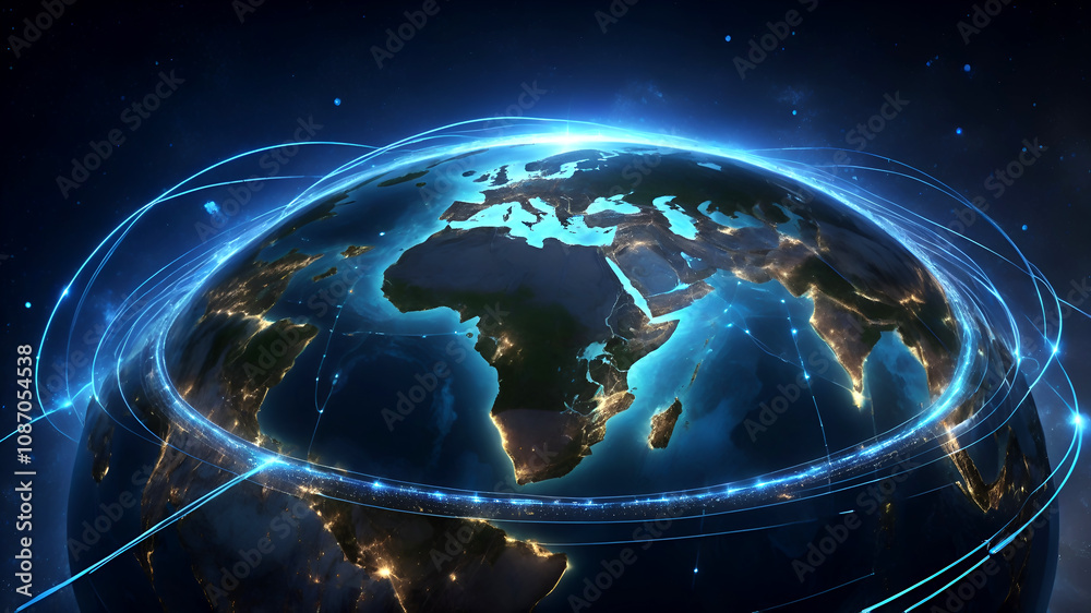 A 3D representation of the Earth surrounded by glowing digital data rings and network lines connecting various points. The Earth's surface features glowing city lights A 3D representation of the Earth surrounded by glowing digital data rings and network lines connecting various points. The Earth's surface features glowing city lights