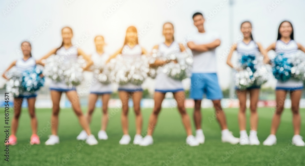 Obraz premium Blurred cheerleading team with pom poms on green field in sunshine