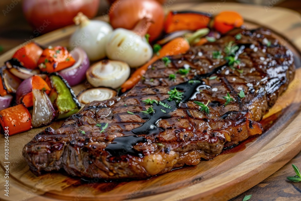 Grilled Steak with Roasted Vegetables, Onions, and Thyme on Wooden Board. Grilled Steak with Roasted Vegetables, Onions, and Thyme on Wooden Board.
