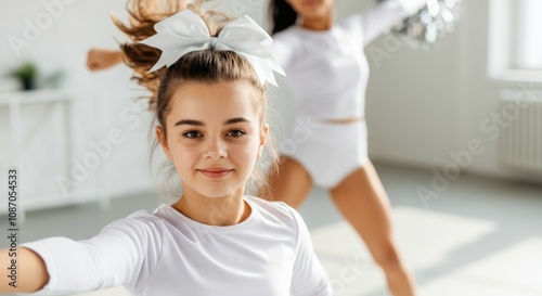 Young girl in white cheerleading outfit smiling during dance practice photo