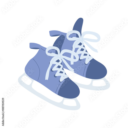 Sport hockey professional ice skates in blue color isolated on whiter background. Hand drawn vector illustration in flat style. Winter sport accessories. Special boots, sharp skates, Christmas.