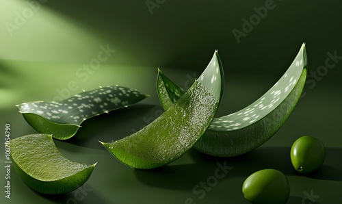 aloe vera slices and olive in a dark olive green background ,generative ai