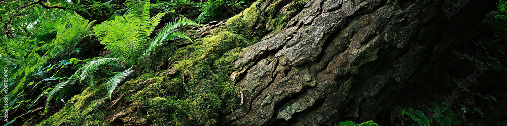A massive tree trunk, its rough bark covered in ferns and moss, stretching high into the canopy. A massive tree trunk, its rough bark covered in ferns and moss, stretching high into the canopy.