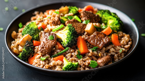 Close-up of a bowl containing stir-fried beef, broccoli, carrots, and brown rice, garnished with fresh parsley on a dark background.