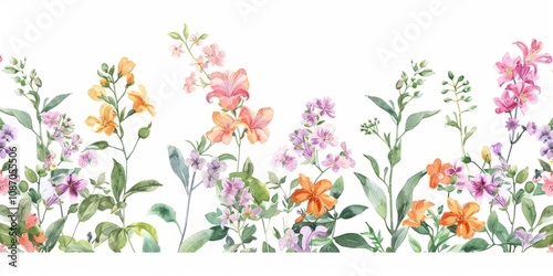 Gentle watercolor floral seamless border. Stephanotis, stylidium, suzanne, tagetes, tanacetum, telopea, thalictrum, thymus, tibouchina, tigridia, simple vector illustration on white background. photo