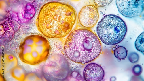 Abstract pattern of translucent bubbles in vivid colors, representing science, creativity, and the beauty of microcosmic structures.