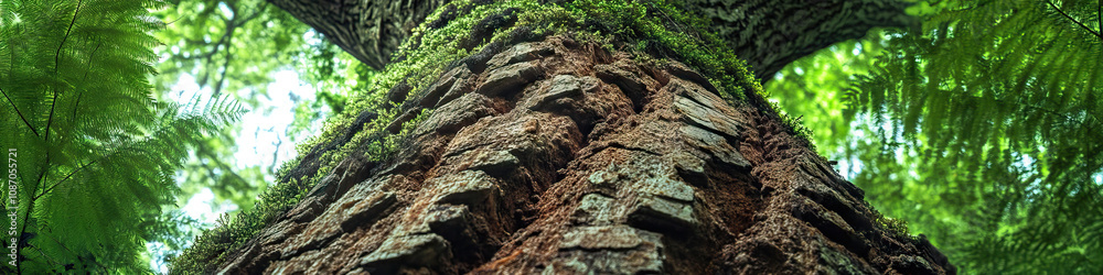 A massive tree trunk, its rough bark covered in ferns and moss, stretching high into the canopy. A massive tree trunk, its rough bark covered in ferns and moss, stretching high into the canopy.