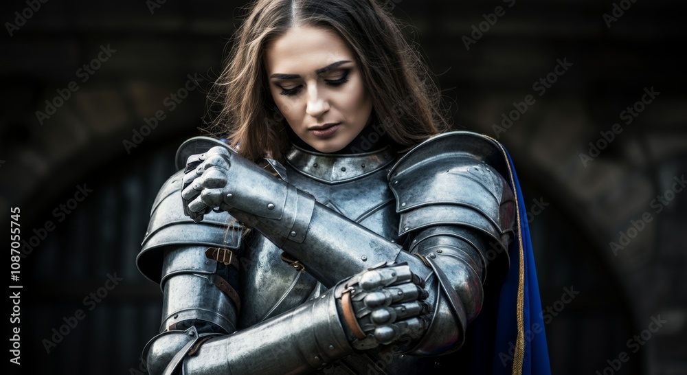 A natural beauty noble princess clad in battle armor adorned with royal insignia, adjusts a gauntlet while preparing for a challenge. A natural beauty noble princess clad in battle armor adorned with royal insignia, adjusts a gauntlet while preparing for a challenge.