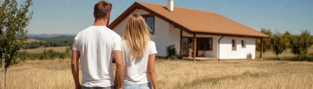 Couple enjoying serene countryside view near modern home during sunny day. Couple enjoying serene countryside view near modern home during sunny day.
