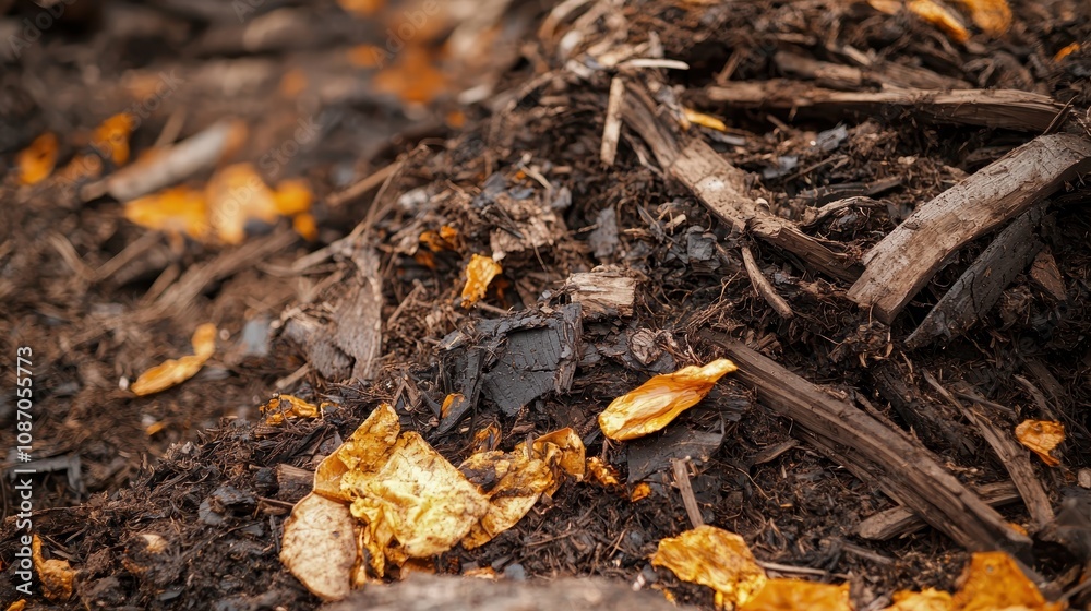 Close-Up View of Rich Organic Compost with Brightly Colored Citrus Peels and Dark Brown Material on Natural Soil for Gardening and Agriculture Purposes Close-Up View of Rich Organic Compost with Brightly Colored Citrus Peels and Dark Brown Material on Natural Soil for Gardening and Agriculture Purposes