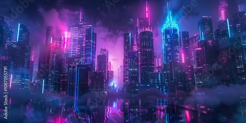 Sci-fi city skyline with turquoise and magenta neon lights. Night scene with advanced skyscrapers. 3D Render.