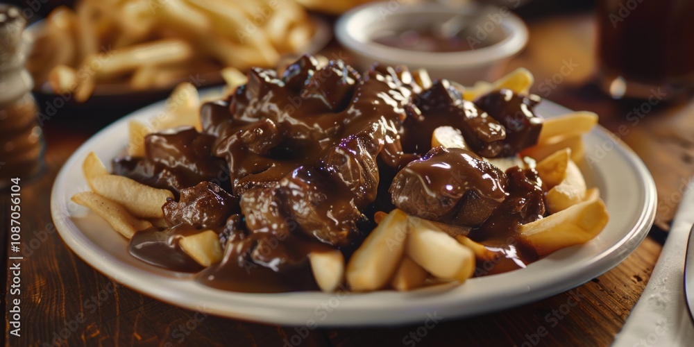 Plate of hearty beef and potato poutine with gravy on a Canadian diner table, 4K hyperrealistic photo. Plate of hearty beef and potato poutine with gravy on a Canadian diner table, 4K hyperrealistic photo.