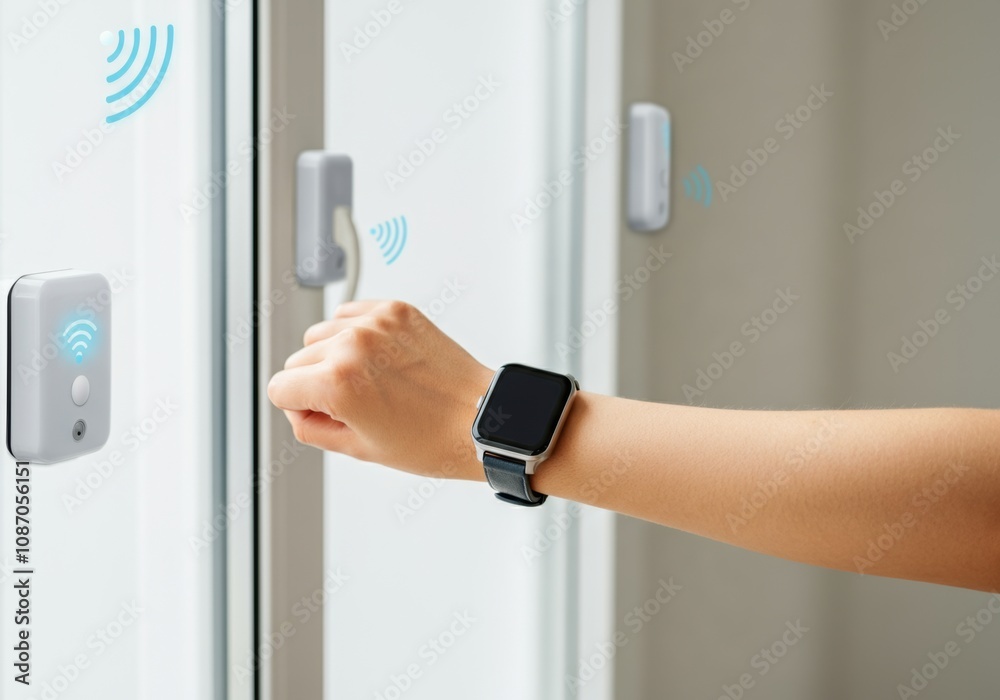 Smartwatch user unlocking door with wireless smart lock and connectivity Smartwatch user unlocking door with wireless smart lock and connectivity