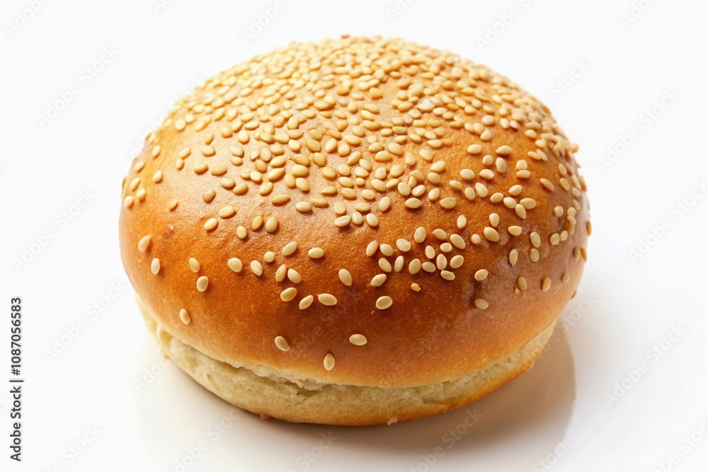Top View of Freshly Baked Golden Brown Hamburger Bread Bun with Sesame Seeds Isolated on White Background for Culinary and Food Photography Projects Top View of Freshly Baked Golden Brown Hamburger Bread Bun with Sesame Seeds Isolated on White Background for Culinary and Food Photography Projects