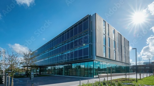 Modern Eco-Friendly Office Building with Solar Panels and Glass Facade Under Blue Sky and Bright Sunlight, Showcasing Sustainable Architecture and Design