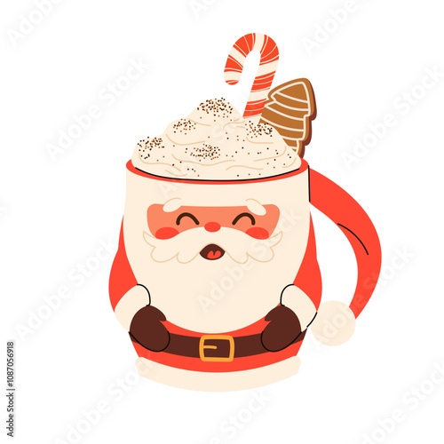 Cute Christmas Mugs in shape of Satna Claus, with cacao, whipped cream, marshmallow and candy cane. Seasonal flavored products, cards for New Year or winter holidays. Vector flat illustration