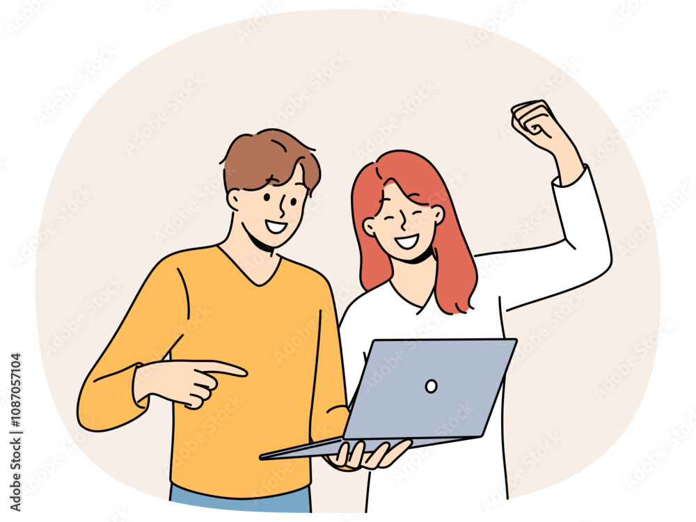 © Dzianis Vasilyeu - Happy couple with laptop make win gesture after winning in online casino or lottery with cash prize. Man and woman make video call together in laptop and rejoice after learning good news © Dzianis Vasilyeu - Happy couple with laptop make win gesture after winning in online casino or lottery with cash prize. Man and woman make video call together in laptop and rejoice after learning good news