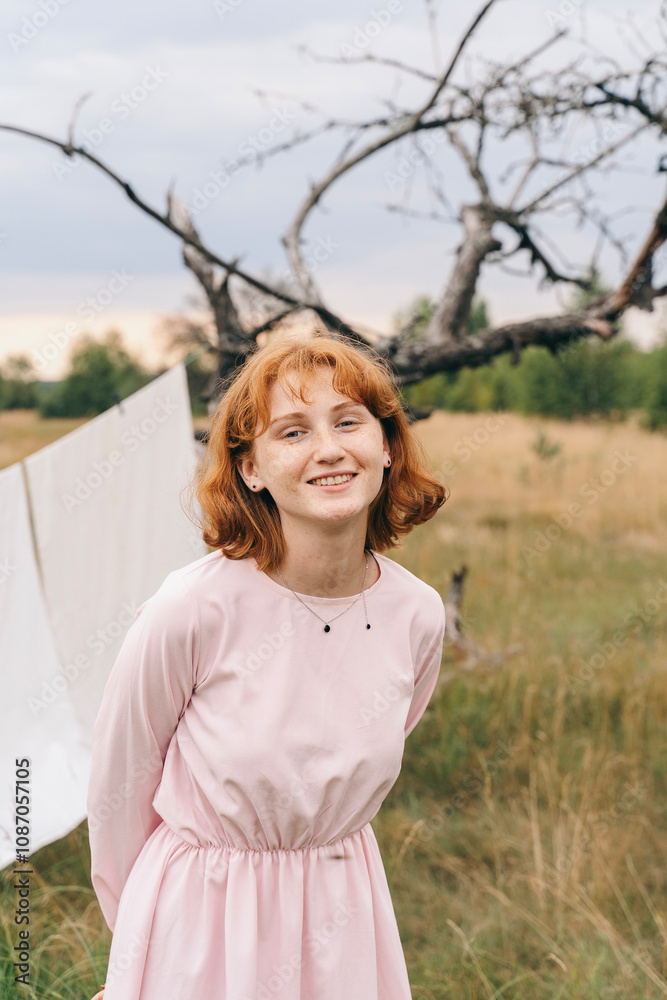 Portrait of a woman with flyaway hair red hair in summer, the concept of health and care for thick hair beauty Portrait of a woman with flyaway hair red hair in summer, the concept of health and care for thick hair beauty