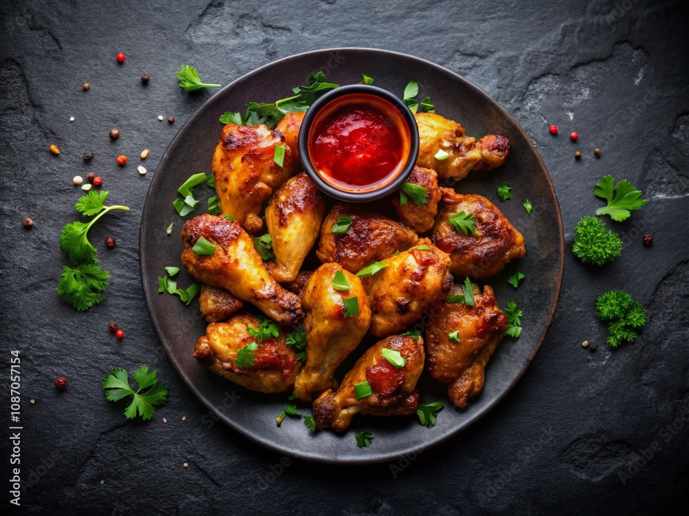 Top View of Grilled Spicy Chicken Wings with Ketchup on a Black Plate Against a Dark Slate Background, Perfect for Food Photography and Culinary Inspiration Top View of Grilled Spicy Chicken Wings with Ketchup on a Black Plate Against a Dark Slate Background, Perfect for Food Photography and Culinary Inspiration
