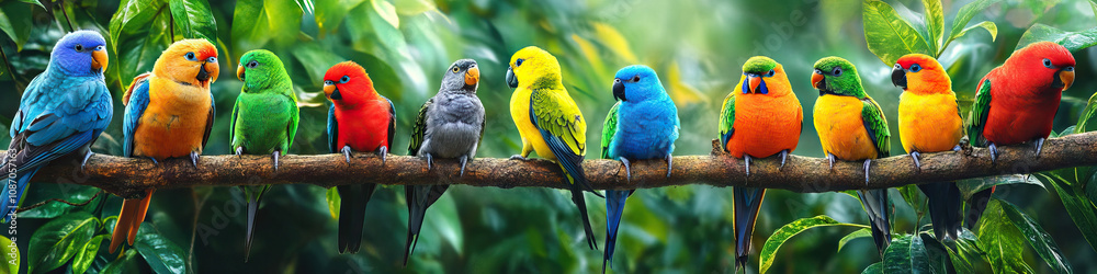 Obraz premium A diverse array of colorful birds perched on a tree branch, their bright plumage contrasting against the verdant foliage.