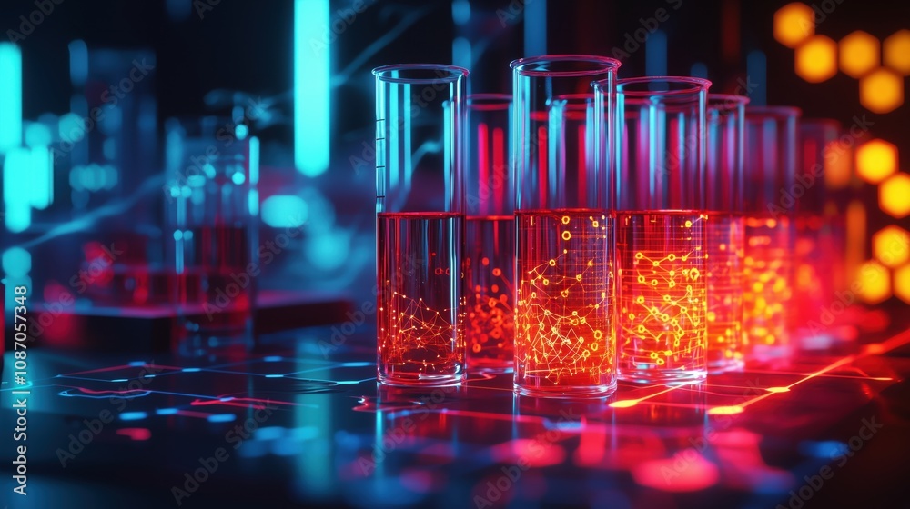 Futuristic laboratory scene with glowing test tubes and data visualizations, perfect for science, technology, and innovation themes. Futuristic laboratory scene with glowing test tubes and data visualizations, perfect for science, technology, and innovation themes.