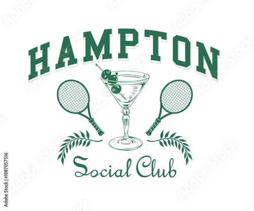 Hampton social club vector design, Tennis club logotype artwork, cocktail drinks glass with tennis bat, Vintage club design for t shirt, sweater, graphic print