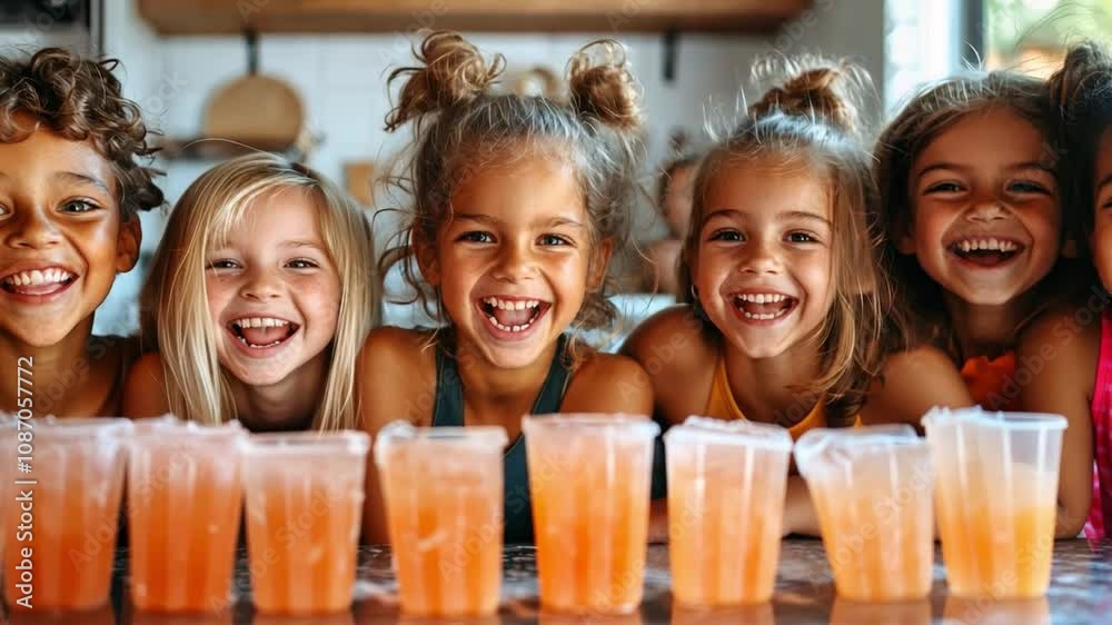 A group of kids is making homemade popsicles in the kitchen, excitedly waiting for them to freeze on a hot summer day. A group of kids is making homemade popsicles in the kitchen, excitedly waiting for them to freeze on a hot summer day.