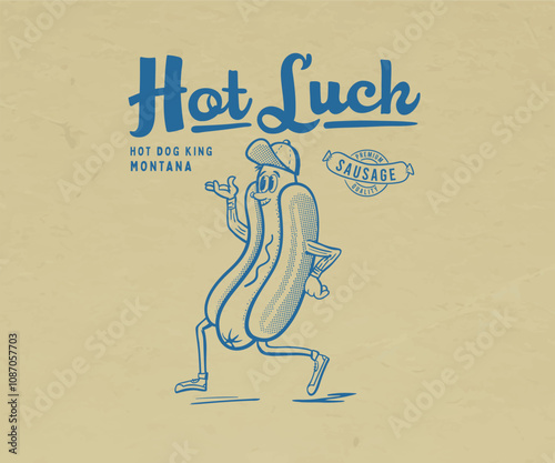 Retro vintage hotdog cartoon vector illustration, funny hotdog comic art for t shirt, sticker, poster, vintage street food typography