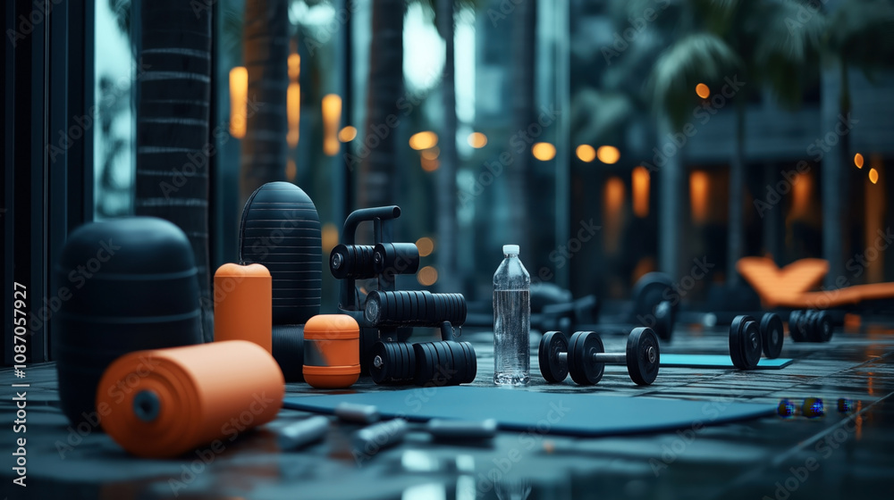 Outdoor gym equipment on tiled floor with dumbbells, foam rollers, exercise mats, and a water bottle near palm trees and soft lighting Outdoor gym equipment on tiled floor with dumbbells, foam rollers, exercise mats, and a water bottle near palm trees and soft lighting