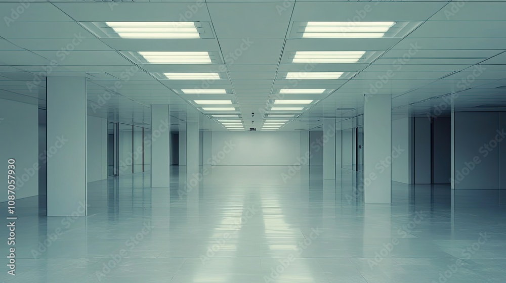 Obraz premium Empty modern office hallway with bright lighting and polished floor.