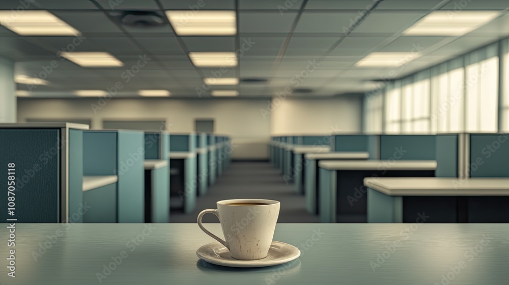 Coffee cup on desk in empty office.