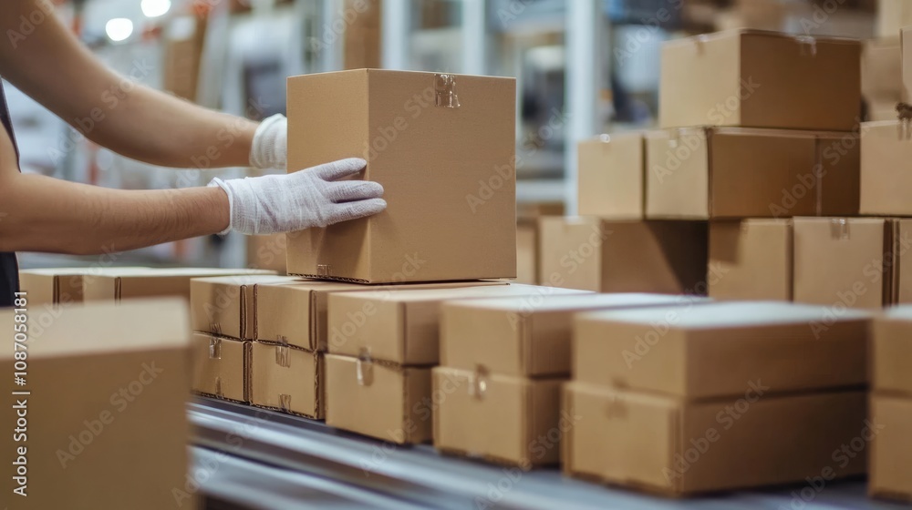 Worker Packing Cardboard Boxes on Conveyor Belt Worker Packing Cardboard Boxes on Conveyor Belt